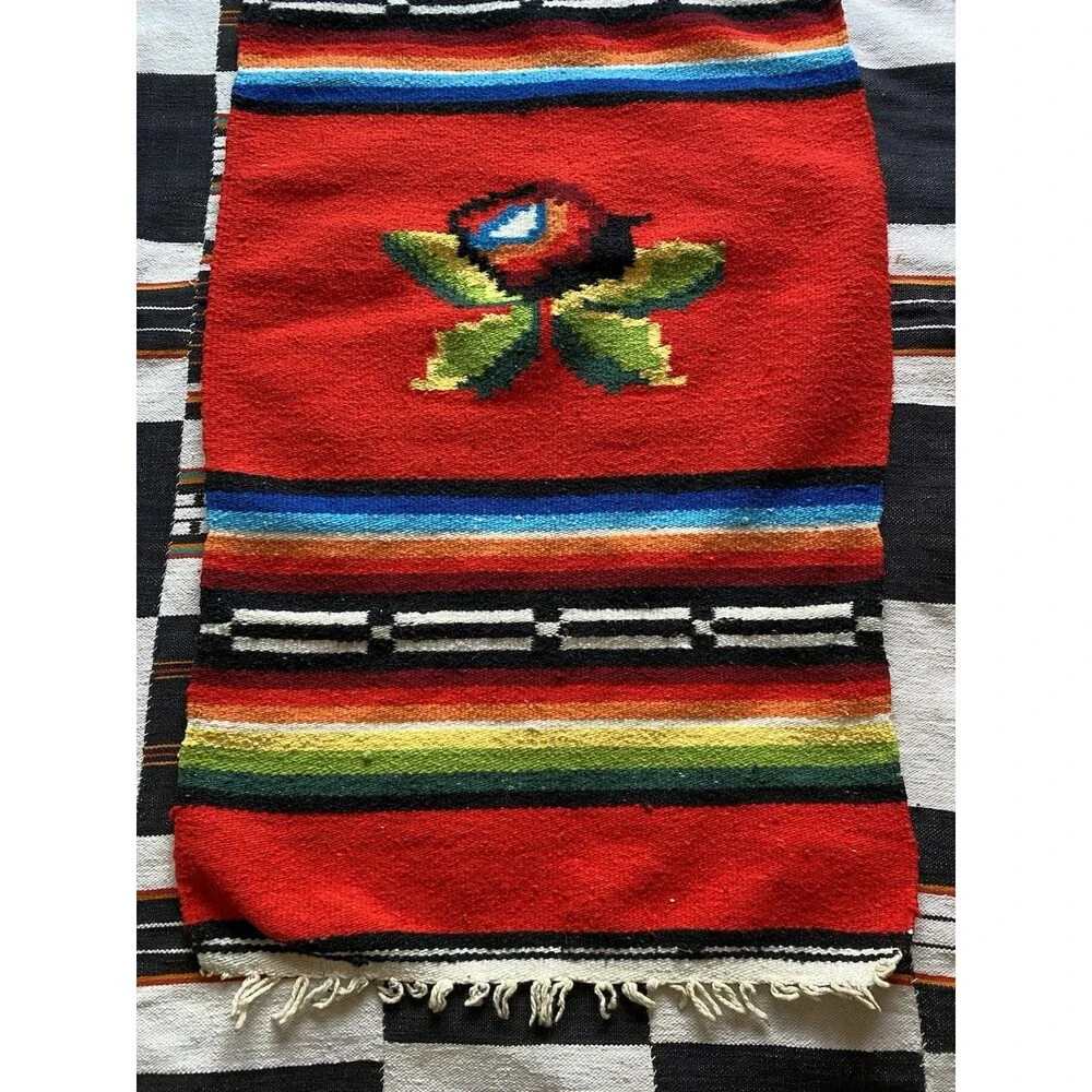 Vintage Handwoven Serape Kilim Rug Runner Wall Hanging. Rose. Wool Blend. Boho.